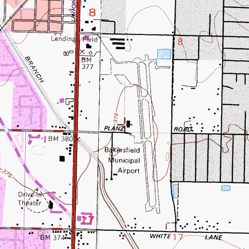 Topographic Map of Bakersfield Municipal Airport, CA