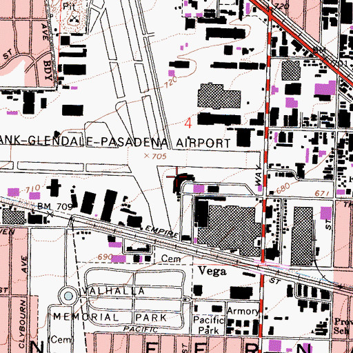 Topographic Map of Bob Hope Airport, CA