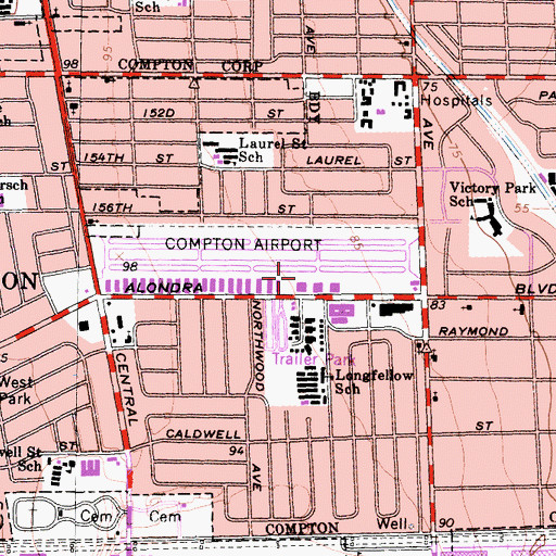 Topographic Map of Compton/Woodley Airport, CA