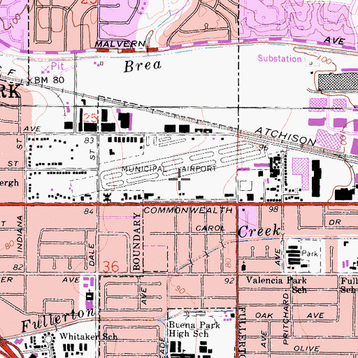 Topographic Map of Fullerton Municipal Airport, CA