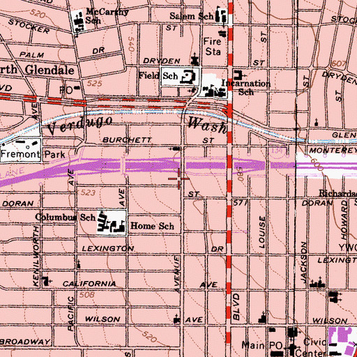 Topographic Map of Bank of America-Glendale Heliport, CA