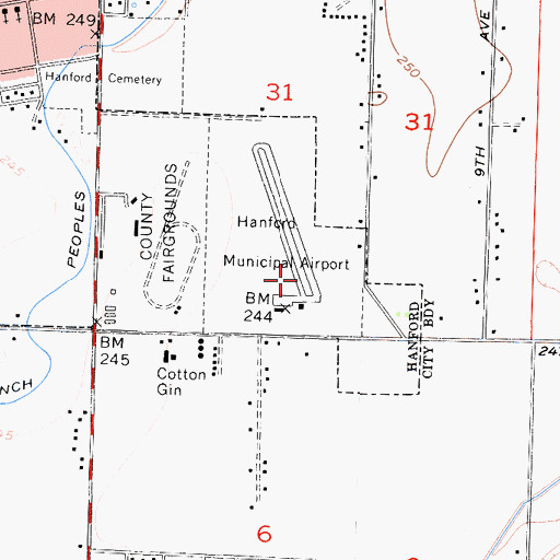 Topographic Map of Hanford Municipal Airport, CA