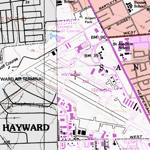 Topographic Map of Hayward Executive Airport, CA