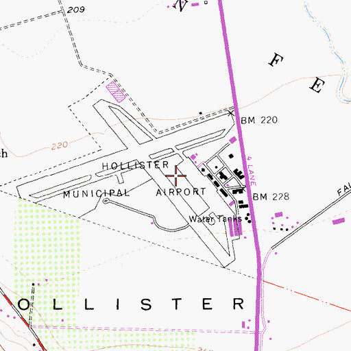 Topographic Map of Hollister Municipal Airport, CA