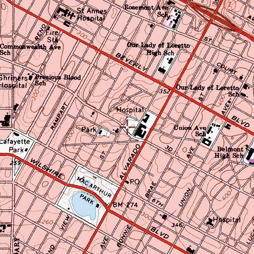 Topographic Map of Saint Vincent Professional Office Building Heliport, CA