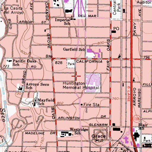 Topographic Map of Huntington Memorial-Pasadena Heliport, CA