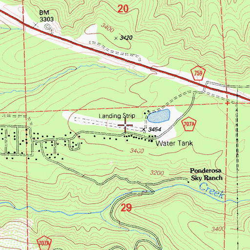 Topographic Map of Ponderosa Sky Ranch Airport, CA