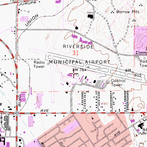 Topographic Map of Riverside Municipal Airport, CA