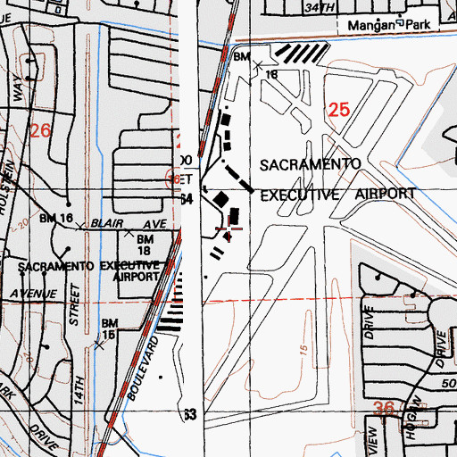 Topographic Map of Sacramento Executive Airport, CA