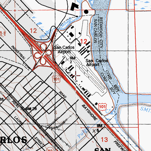 Topographic Map of San Carlos Airport, CA