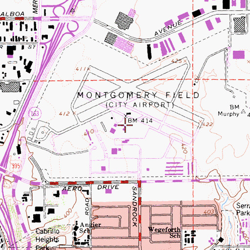 Topographic Map of Montgomery-Gibbs Executive Airport, CA