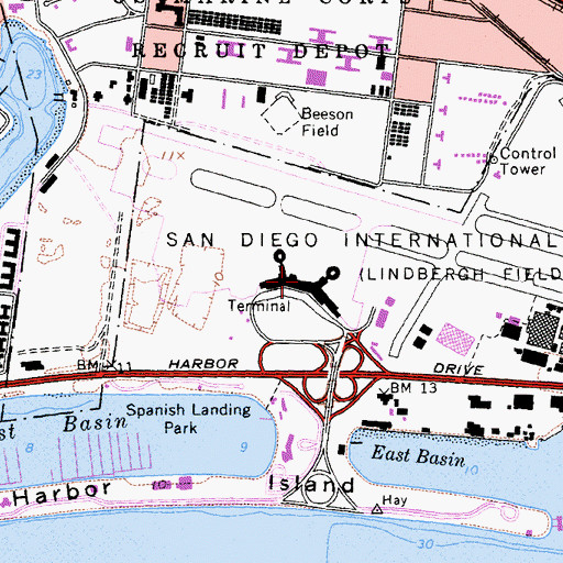 Topographic Map of San Diego International Airport, CA
