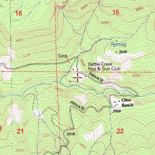 Topographic Map of Battle Creek Rod and Gun Club, CA
