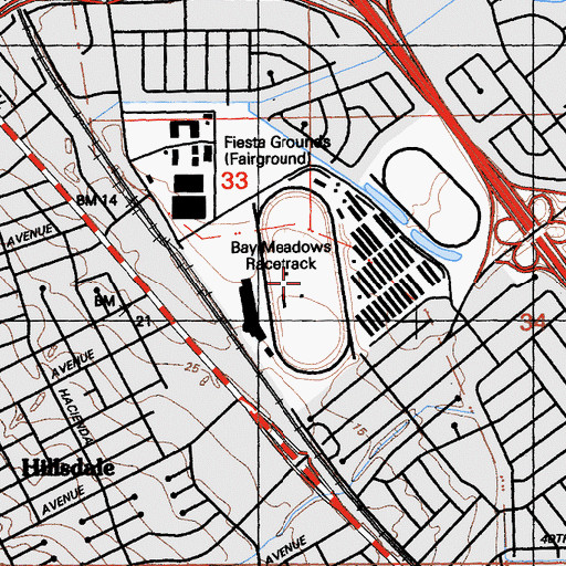 Topographic Map of Bay Meadows Racetrack, CA