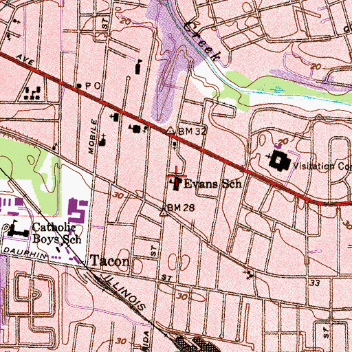 Topographic Map of Evans Elementary School, AL