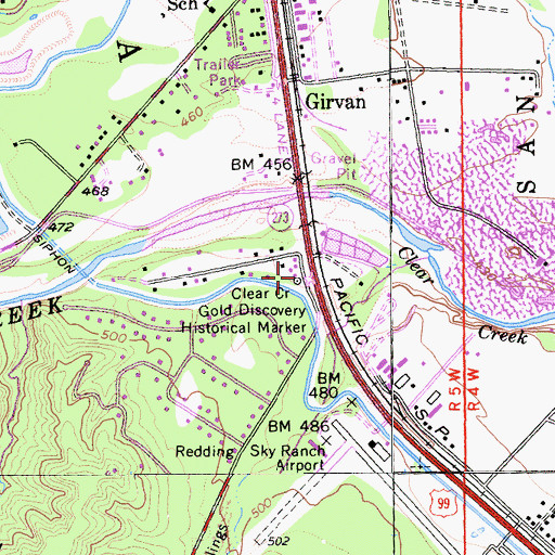 Topographic Map of Clear Creek Gold Discovery Historical Marker, CA