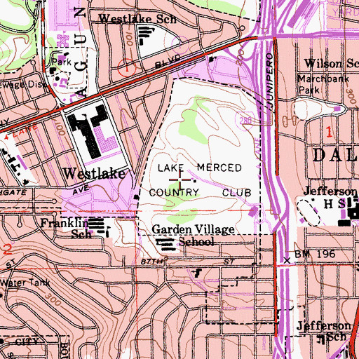 Topographic Map of Lake Merced Country Club, CA