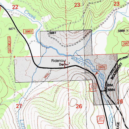 Topographic Map of Ridenour Barn, CA