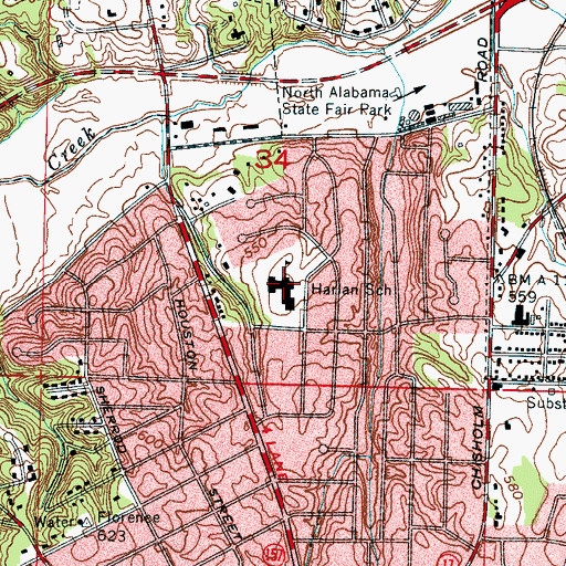 Topographic Map of Sam C Harlan Elementary School, AL