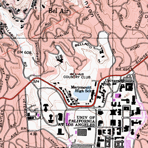 Topographic Map of Bel Air Country Club, CA