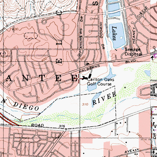 Topographic Map of Carlton Oaks Golf Course, CA