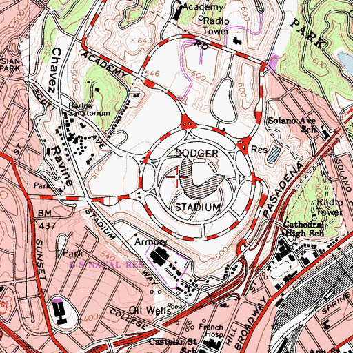Topographic Map of Dodger Stadium, CA