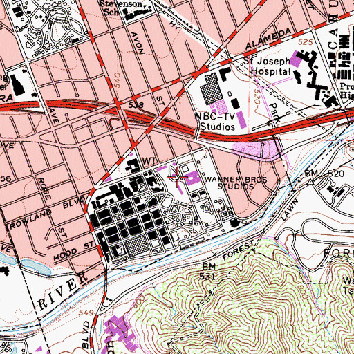Topographic Map of Warner Brothers Studios, CA