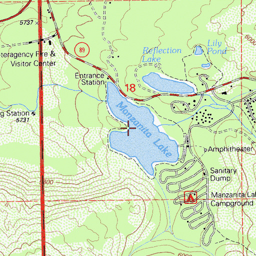 Topographic Map of Manzanita Lake Dam, CA