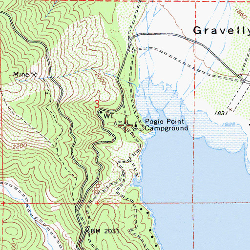 Topographic Map of Pogie Point Campground, CA