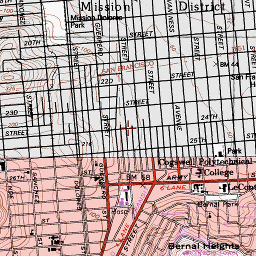 Topographic Map of Mission Branch Library, CA