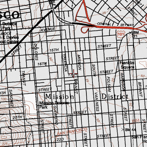 Topographic Map of Mission Plaza Shopping Center, CA