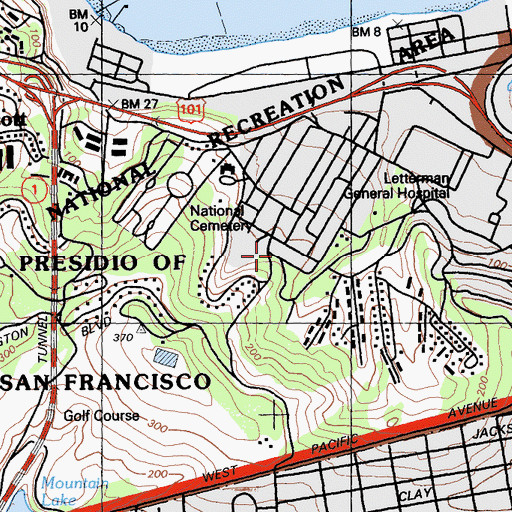 Topographic Map of Presidio Officers Club, CA