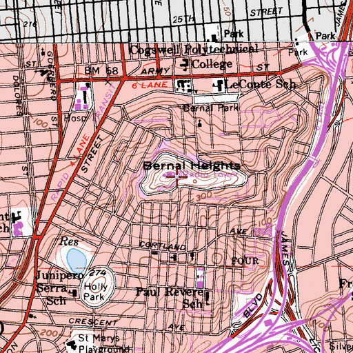 Topographic Map of Bernal Heights Park, CA