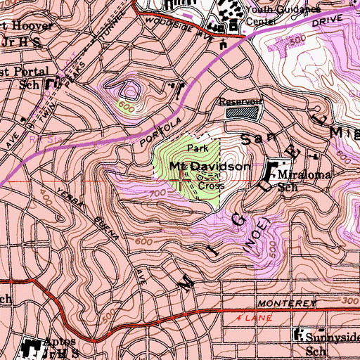 Topographic Map of Mount Davidson Park, CA