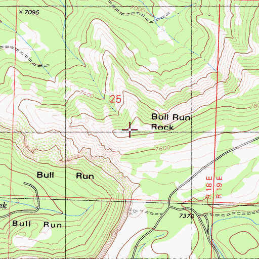 Topographic Map of Bull Run Rock, CA