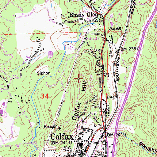 Topographic Map of Colfax Hill, CA