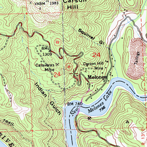Topographic Map of Melones, CA