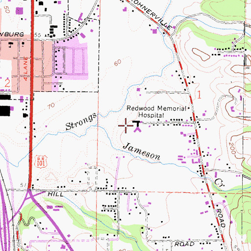 Topographic Map of Redwood Memorial Hospital, CA
