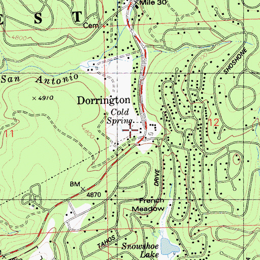 Topographic Map of Dorrington, CA