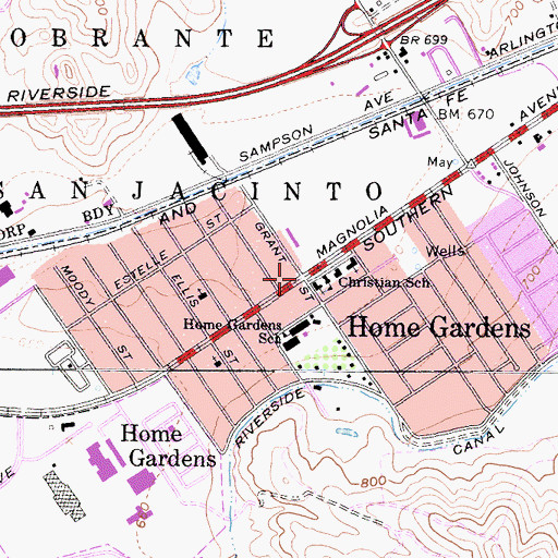 Topographic Map of Home Gardens, CA