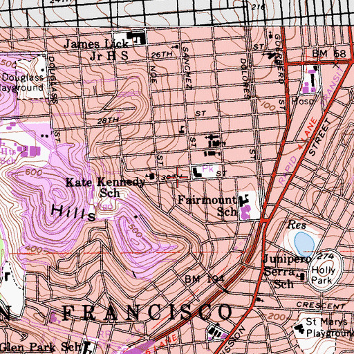 Topographic Map of Upper Noe Recreation Center, CA