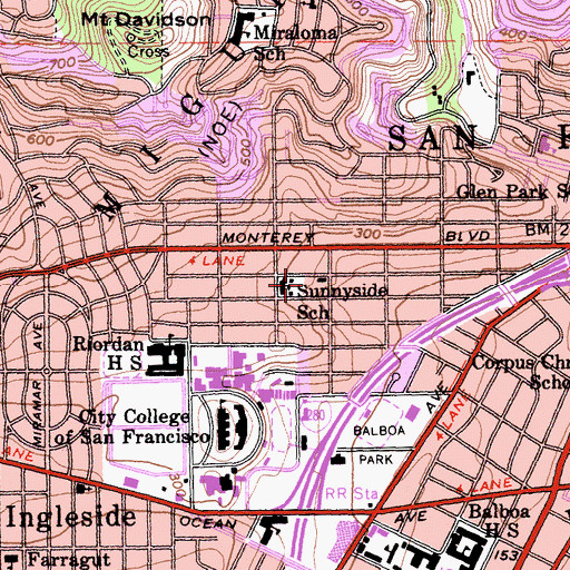 Topographic Map of Saint Finn Barr Catholic School, CA