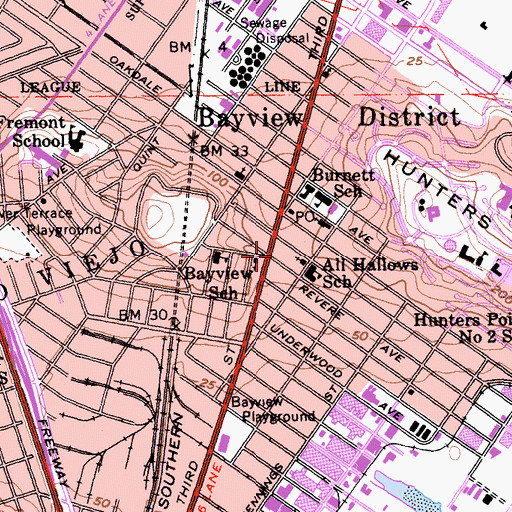 Topographic Map of Bayview-Anna E Warden Branch Library, CA