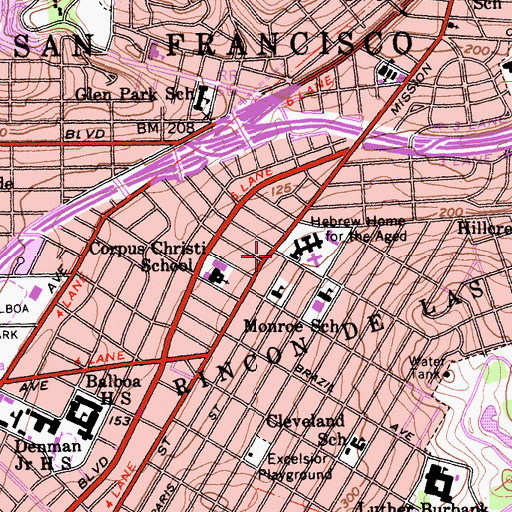 Topographic Map of Excelsior Branch Library, CA