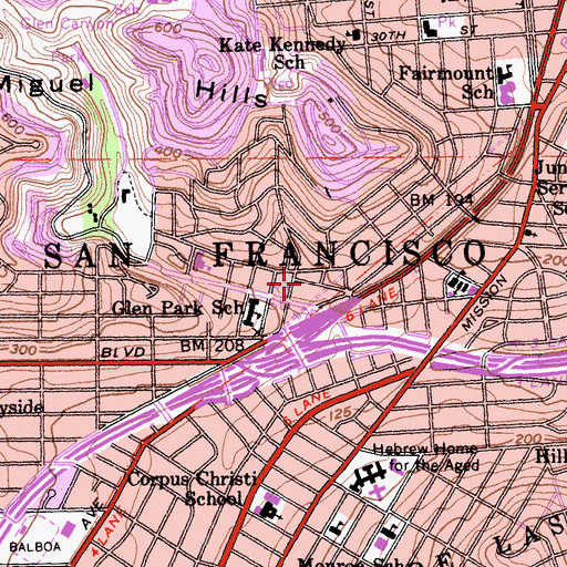 Topographic Map of Glen Park Branch Library, CA