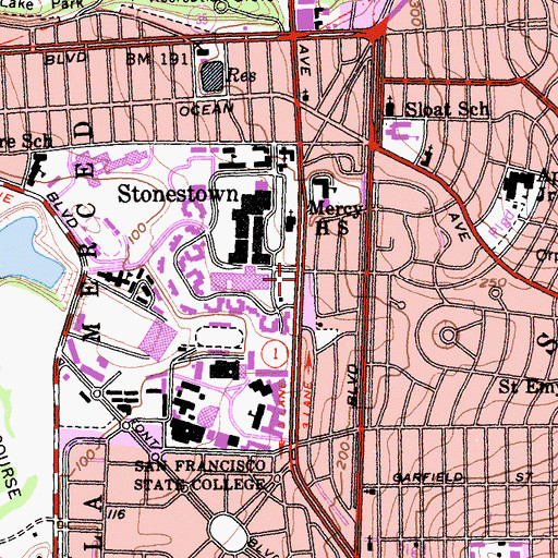 Topographic Map of Merced Branch Library, CA
