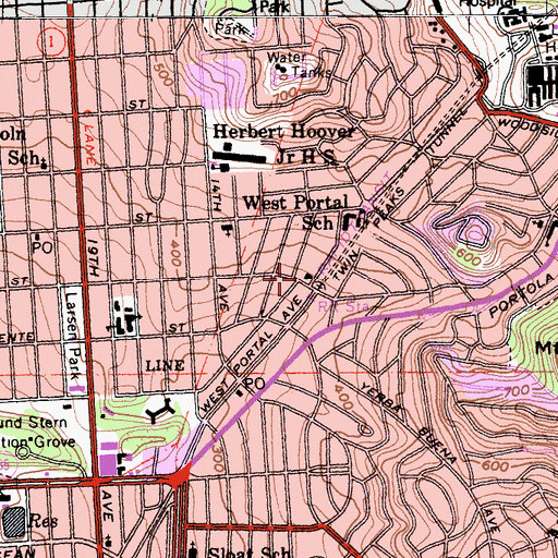 Topographic Map of West Portal Branch Library, CA