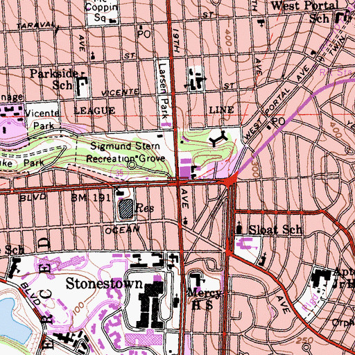 Topographic Map of West Portal Lutheran School, CA