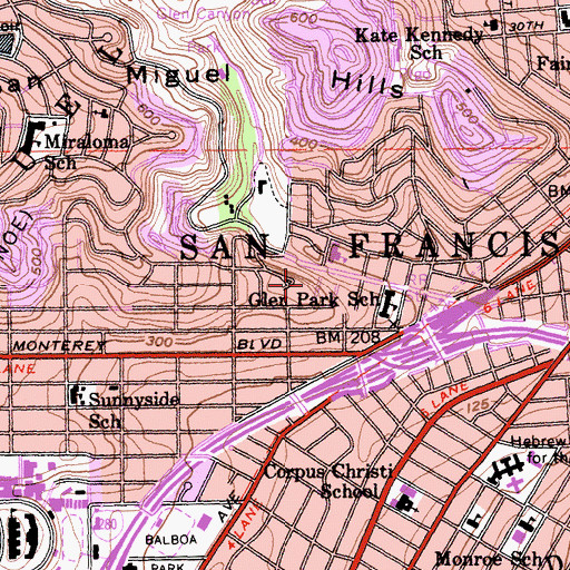Topographic Map of Dorothy Erskine Park, CA