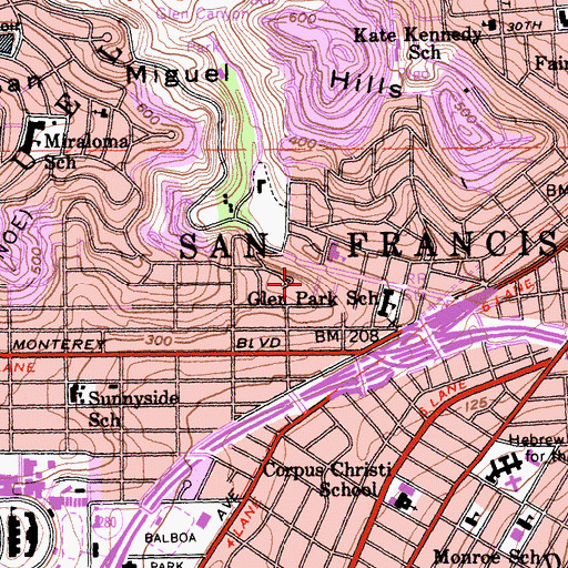 Topographic Map of Dorothy Erskine Park, CA